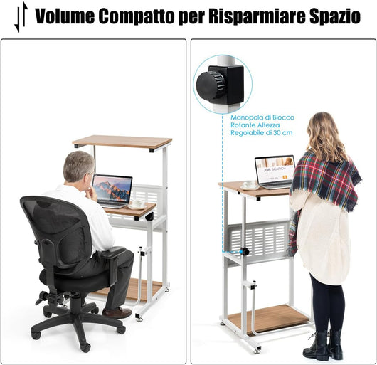 Scrivania Regolabile in Altezza, Postazione di Lavoro per PC 2-in-1 con Ripiano per Tastiera e Supporto per Stampante, Tavolo Compatto con Poggiapiedi per Casa e Ufficio