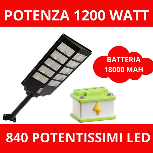 Lampione LED Esterno con Pannello Solare 1200W, 6500K Bianco Freddo, Con Sensore Di Movimento 18000mAh, Telecomando + Staffa