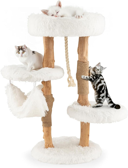 Albero per Gatti in Legno Alto 87 cm con Amaca, Albero Tiragraffi per Gatti a 5 Livelli, con Piattaforma Superiore, Mobile per Gatti da Interno, Bianco