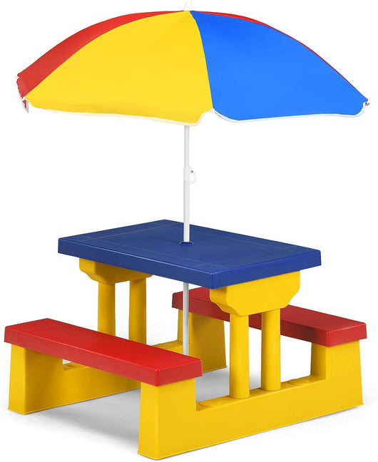 Tavolo da Picnic per Bambini con Parasole Pieghevole, Set di Tavolo e Panche per Giardino Esterno (rosso+blu+giallo)