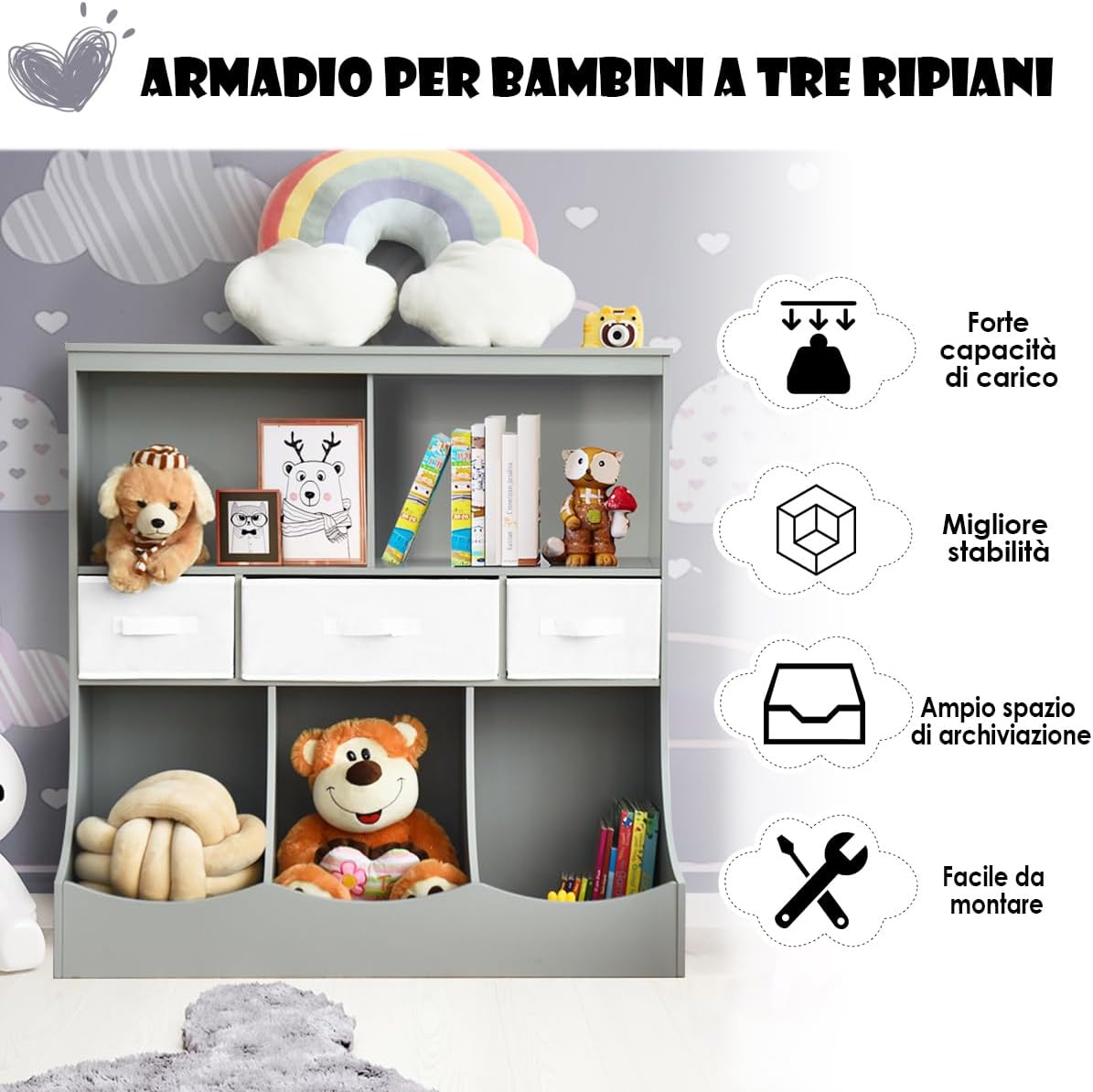 Libreria Contenitore per Bambini, con Ripiani e Cassetti, per Camera dei Bambini, 93 x 40 x 94 cm (Grigio)