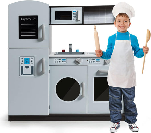 Cucina Giocattolo per Bambini, Cucina in Legno con Luci, Manopole e Accessori per Cucina, con Forno, Lavello, Armadietto e Pulsanti, Ideale per Bambini più di 3 Anni