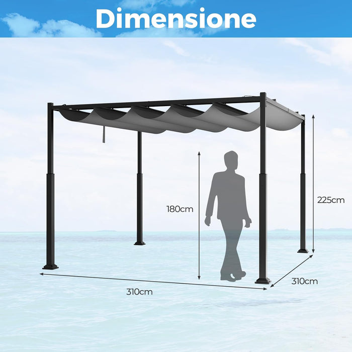 Gazebo Pergola da Giardino 310 x 310 cm, Pergola da Esterno con Tettuccio Retrattile, Struttura in Metallo, per Giardino, Patio e Portico