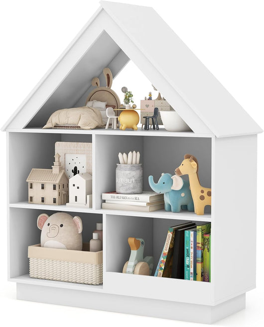 Libreria per Bambini a Forma di Casa, Scaffale in Legno con 5 Cubi per Giocattoli, Organizer di Stoccaggio Antiribaltamento, Scaffale Aperto a 3 Livelli, 88x34x108 cm (Bianco)