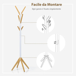 Attaccapanni da Terra, Appendiabiti in Bambù con 6 Ganci, Base a 4 Artigli, per Ingresso Camera da Letto Ufficio, 55x55x179 cm