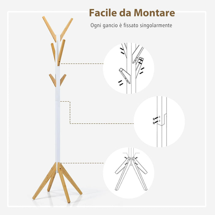 Attaccapanni da Terra, Appendiabiti in Bambù con 6 Ganci, Base a 4 Artigli, per Ingresso Camera da Letto Ufficio, 55x55x179 cm
