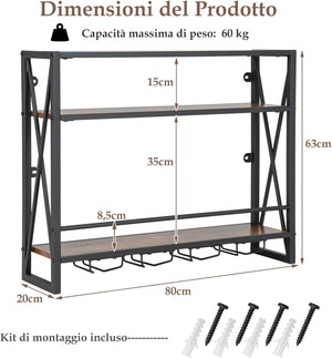 Portabottiglie per Vino da Parete Industriale, Scaffale di Stoccaggio per Vino a Parete a 2/3 Livelli con Porta Calici, in Metallo, per Casa, Bar, Cucina, Ristorante (80 x 20 x 63 cm)