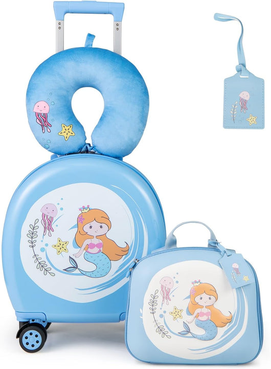 Set di Valiglie per Bambini, Set da 4 Pezzi con Trolley, Zaino, Cuscino per Collo ed Etichetta per Bagaglio, Valigia a Mano da Viaggio con Ruote Universale e Maniglia Regolabile (Sirena)