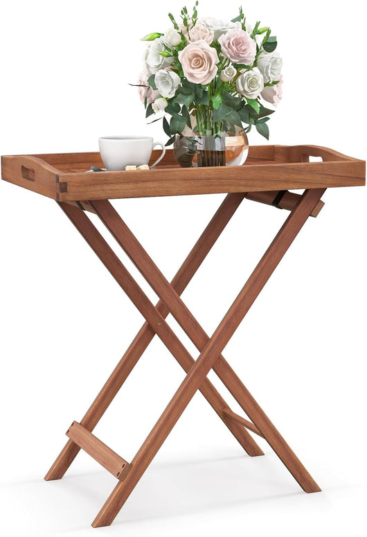 Tavolino Laterale da Giardino in Legno di a Acacia, Tavolino Pieghevole con Vassoio Rimovibile e Struttura a X, Tavolino da Tè per Interni ed Esterni, Portata 40 kg, 68 x 44 x 74 cm