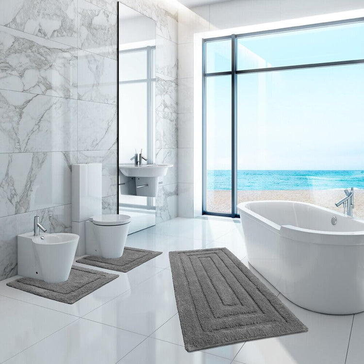 Tappeto Bagno Parure Set 3 Pezzi Puro Cotone Elegante Morbido Soffice Antiscivolo Grigio Scuro