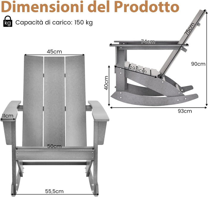 Sedia a Dondolo Adirondack, HDPE Dondolo Impermeabile da Esterno con Schienale Curvo, Portata 150 kg, Sedia Dondolo da Giardino Balcone, Grigio