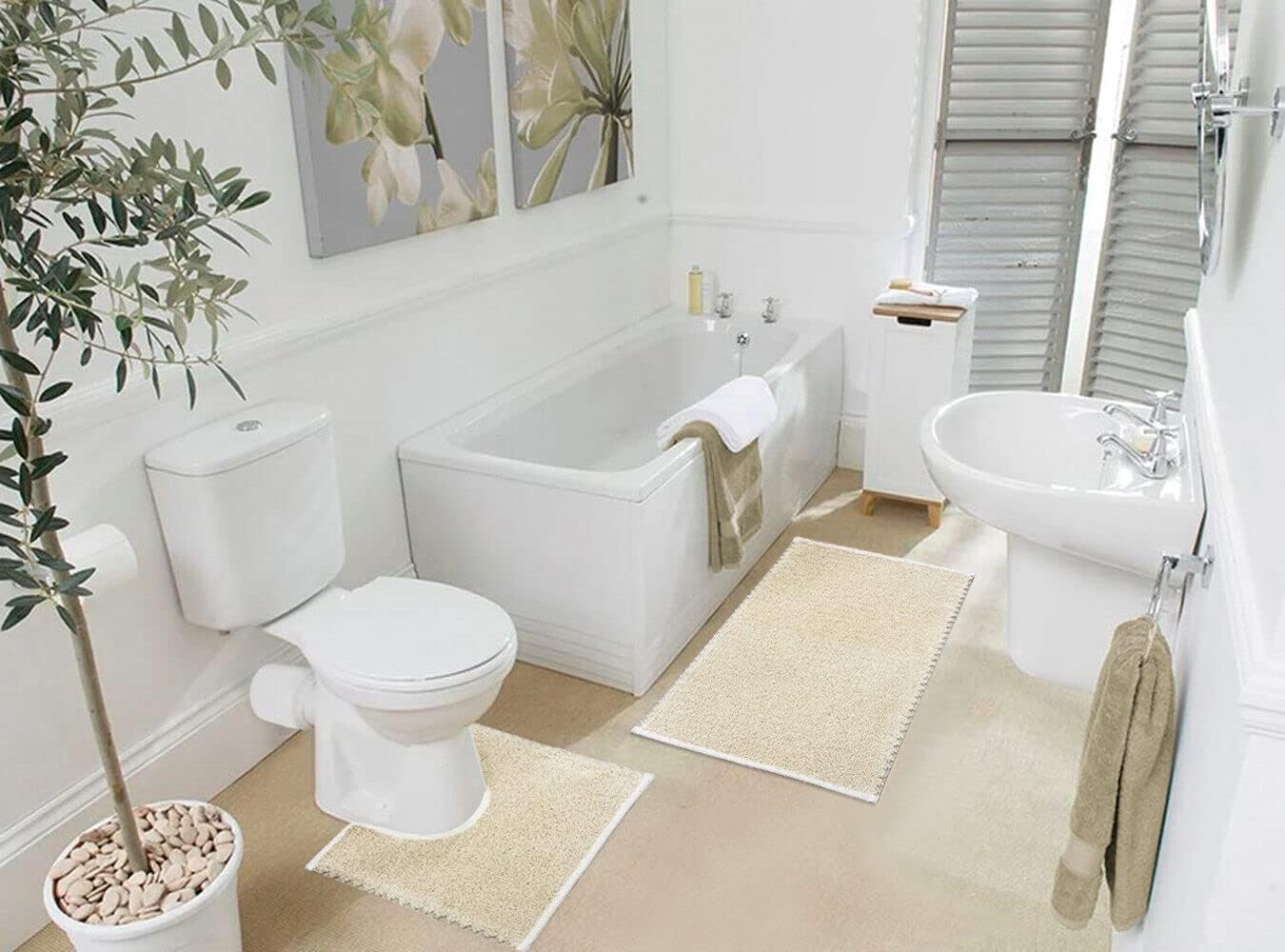 Tappeto Bagno Set 3 Pezzi Puro Cotone Morbido Lavabile Antiscivolo Made In Italy Beige