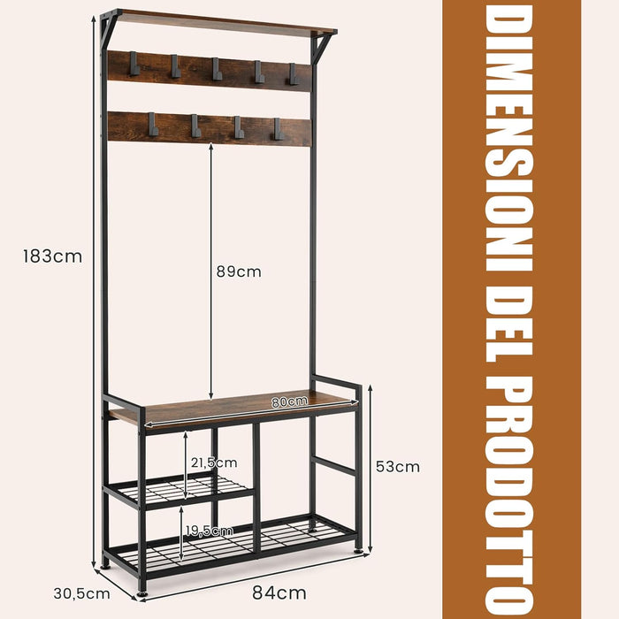 4 in 1 Stand Appendiabiti, Attaccapanni con Panchina Scarpiera e 9 Ganci Rimovibili, in Metallo, Ideale per Ingresso Corridoio, 84x30,5x183 cm