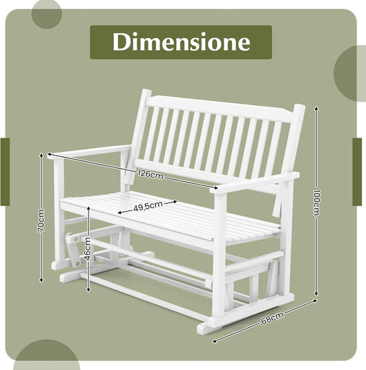 Panca a Dondolo a 2 Posti con Sicuro e Delicato Movimento Oscillante, Telaio in Legno Massello, Sedia a Dondolo per Giardino con CapacitÃ  di carico 225 kg, 126 x 68 x 100 cm, Bianco