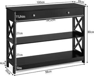 Consolle con Cassetto, Tavolo Consolle con Ripiani e Dispositivo Antiribaltamento, Tavolo Laterale da Divano Moderno, Mobile da Ingresso per Spazi Piccoli Salotto e Corridoio (Black)