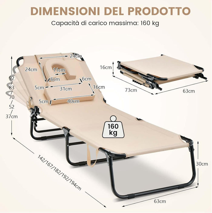 Lettino Prendisole Pieghevole con Foro per il Viso, 3 Cuscini Rimovibili e Schienale Regolabile in 5 Posizioni, Sdraio a Sdraio per Patio Prato Campeggio (Beige)