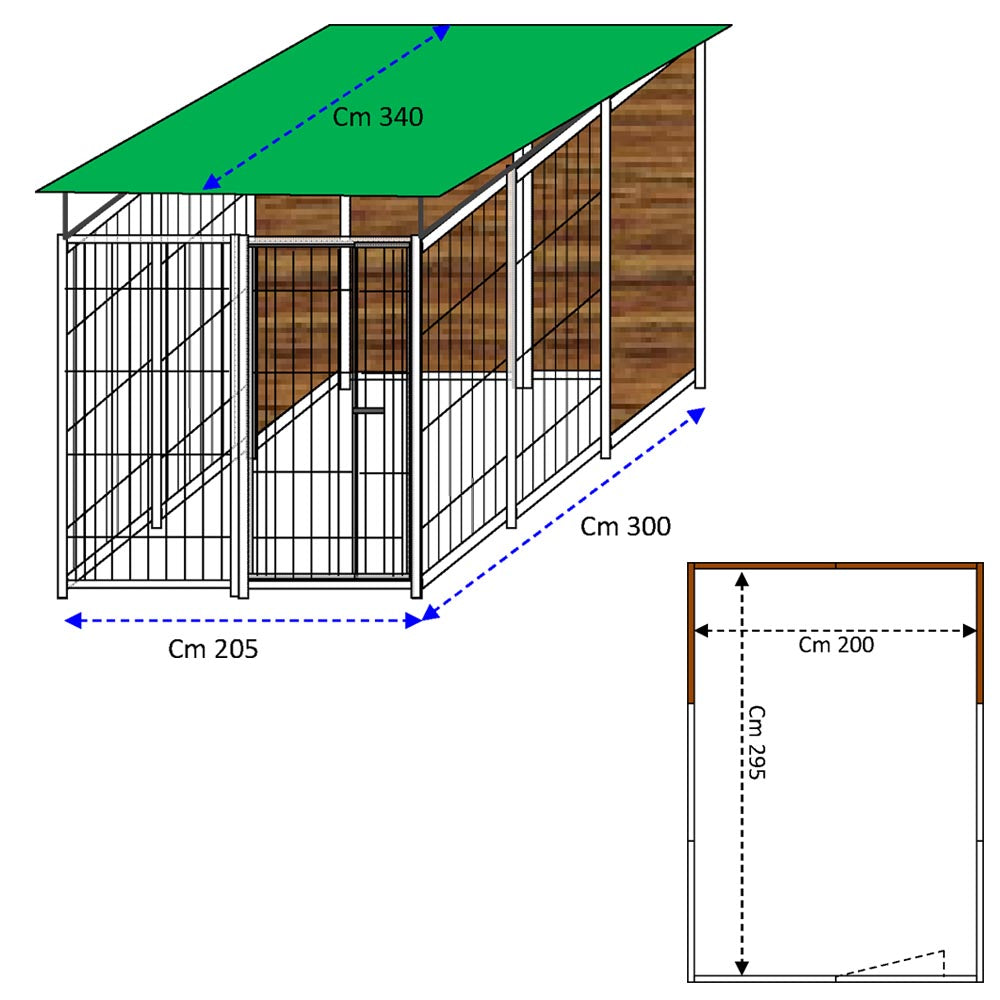 Box per cani da esterno coperto e retro in legno zincatura a caldo da 200x300xh180 cm