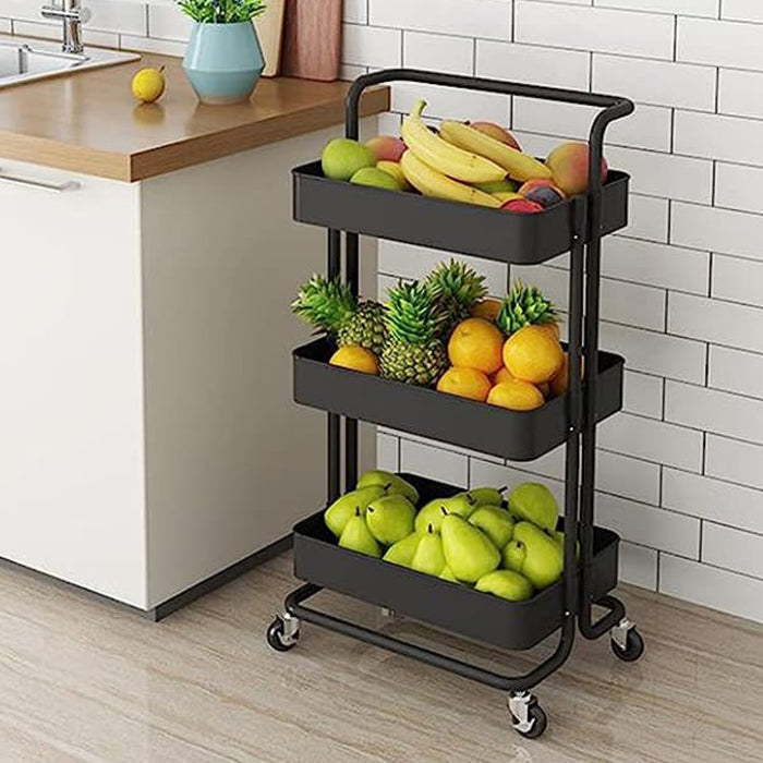 Carrello Cucina Trolley in Metallo 3 Cesti 43x36 H85 4 Ruote Nero Salvaspazio