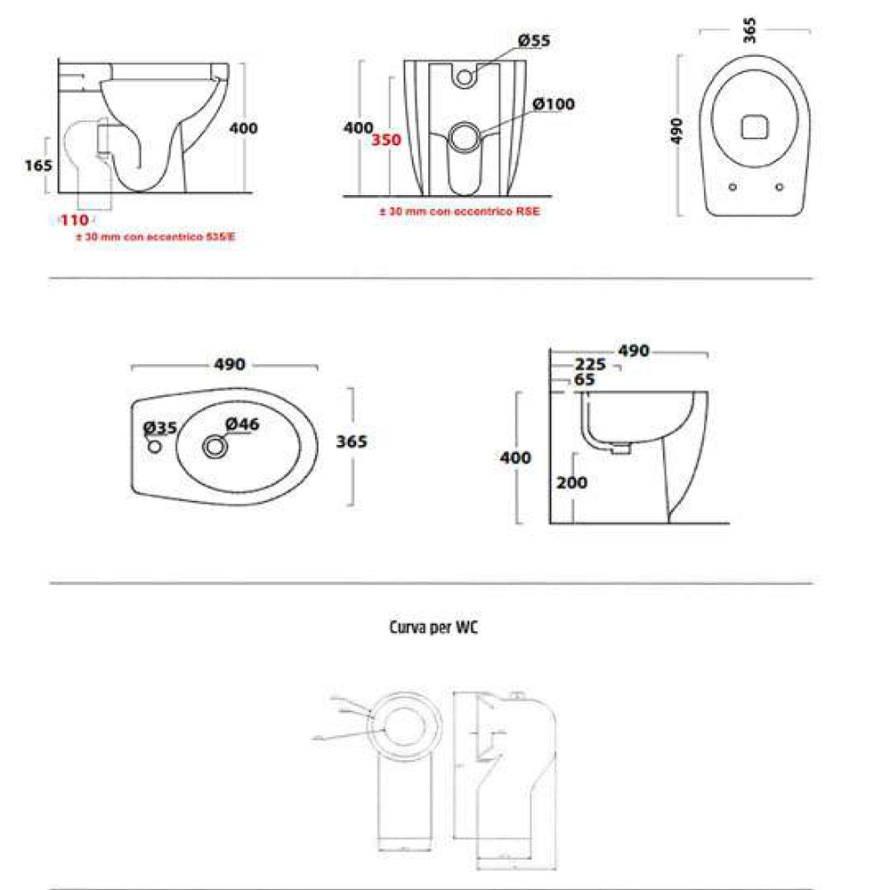 Sanitari ceramica dark a pavimento vaso wc bidet sedile e curva