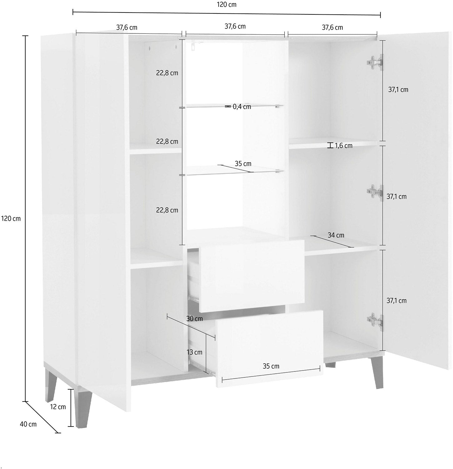 Credenza 2 Ante + 2 Cassetti 120x40x132,5 cm Sunrise Bianco Lucido e Ardesia