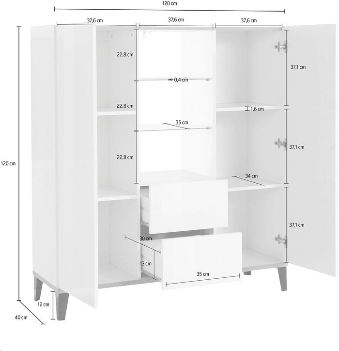 Credenza 2 Ante + 2 Cassetti 120x40x132,5 cm Sunrise Bianco Lucido e Ardesia