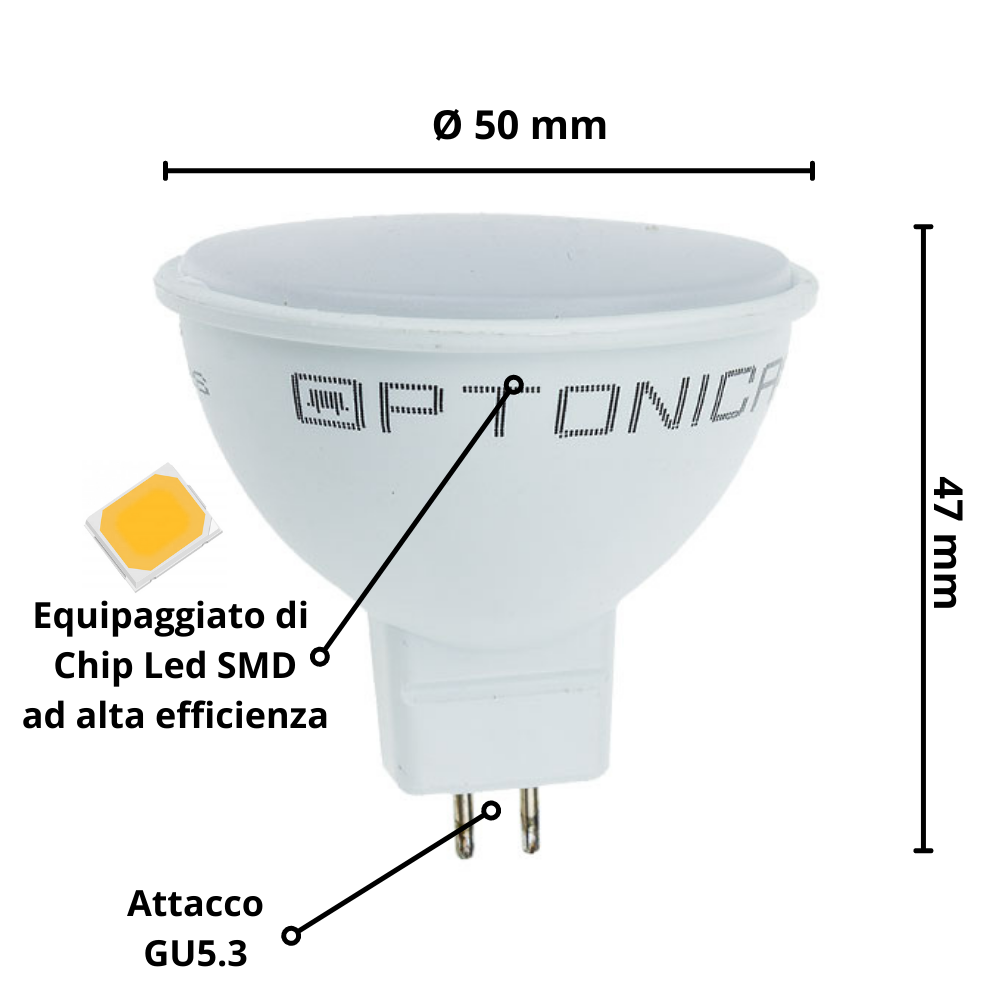 Lampadina dicroica faretto led spillo gu5.3 mr16 7watt risparmio energetico temperatura 6000k