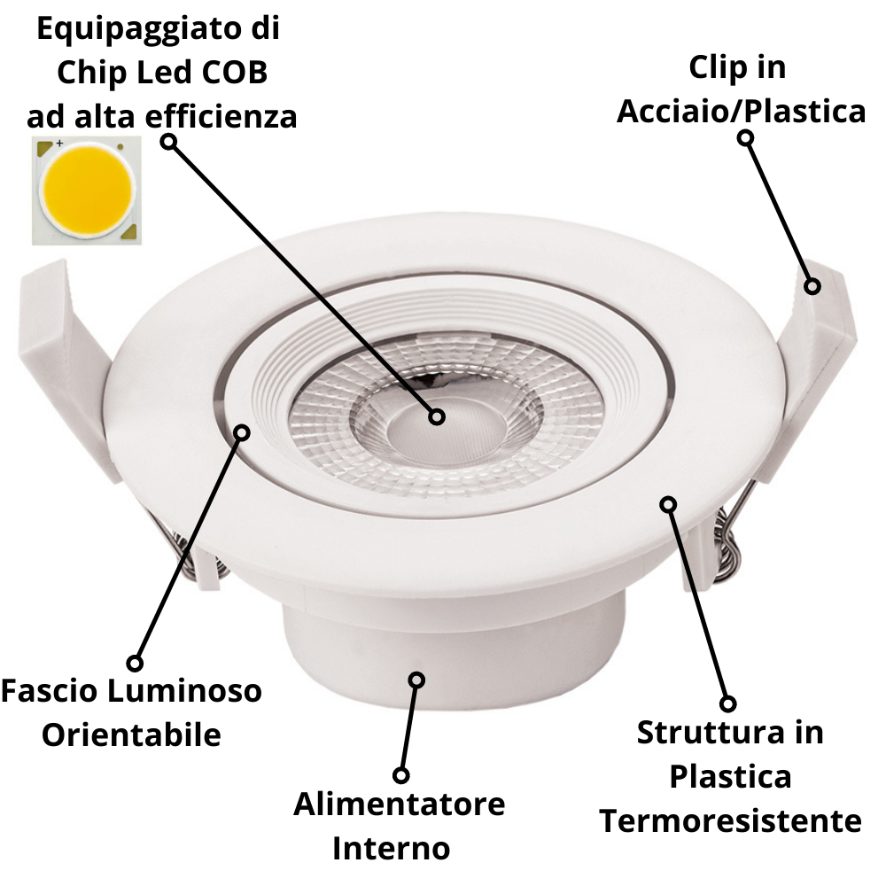 Faretto led incasso orientabile tondo soffitto 7watt driver incluso temperatura 6000k bianco freddo