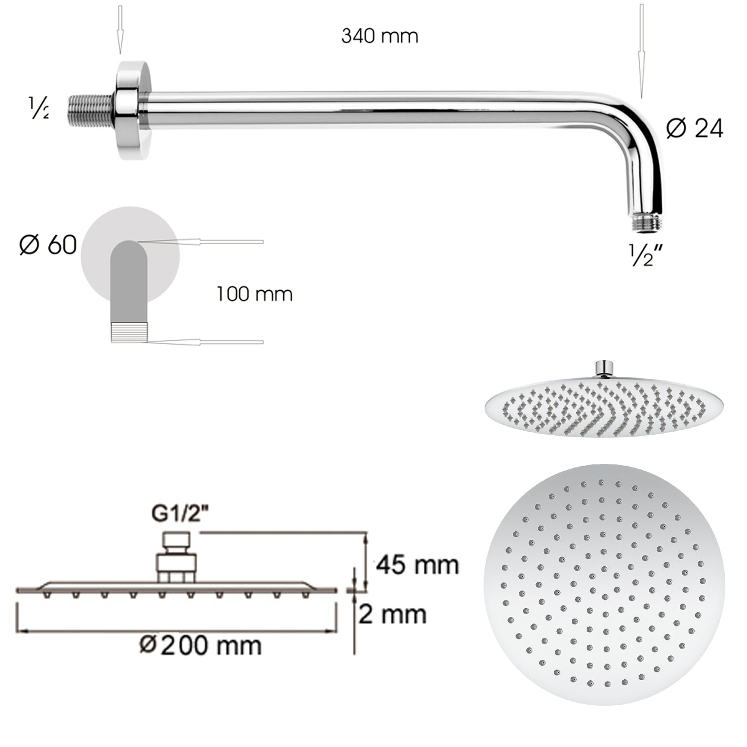 Soffione doccia Ares tondo ultraslim diametro 20 cm con braccio doccia 