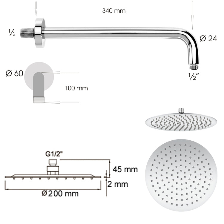 Soffione doccia Ares tondo ultraslim diametro 20 cm con braccio doccia 
