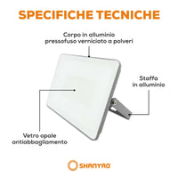 Proiettore Faretto led grigio, 50W Resa 250W, 3000K Luce Bianca Calda 4.500Lumen Illuminazione interna ed esterna