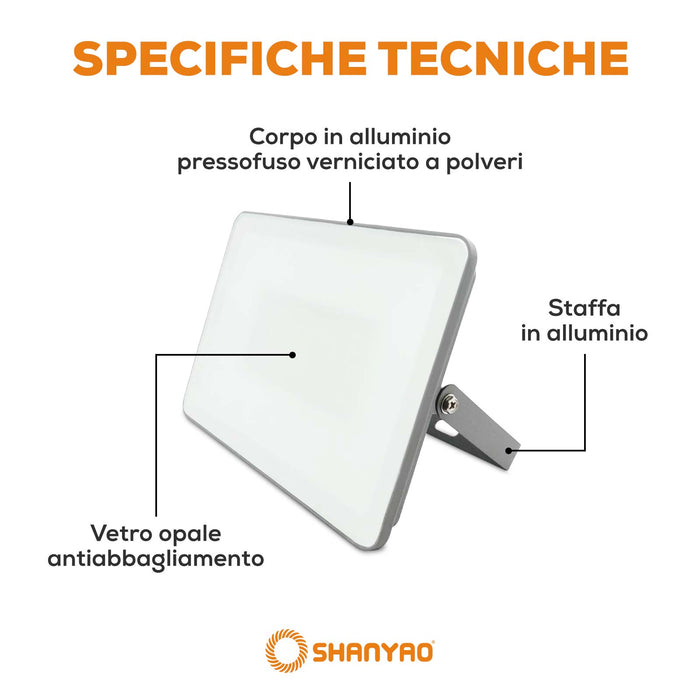 Proiettore Faretto led grigio, 50W Resa 250W, 3000K Luce Bianca Calda 4.500Lumen Illuminazione interna ed esterna