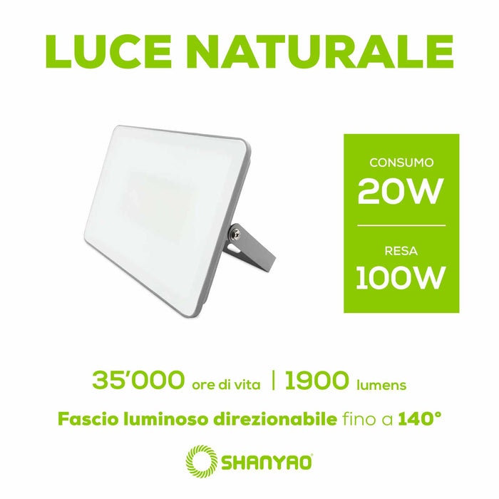 Proiettore Faretto led grigio, 20W Resa 100W,  4000K Luce Bianca Naturale 1.900Lumen Illuminazione interna ed esterna