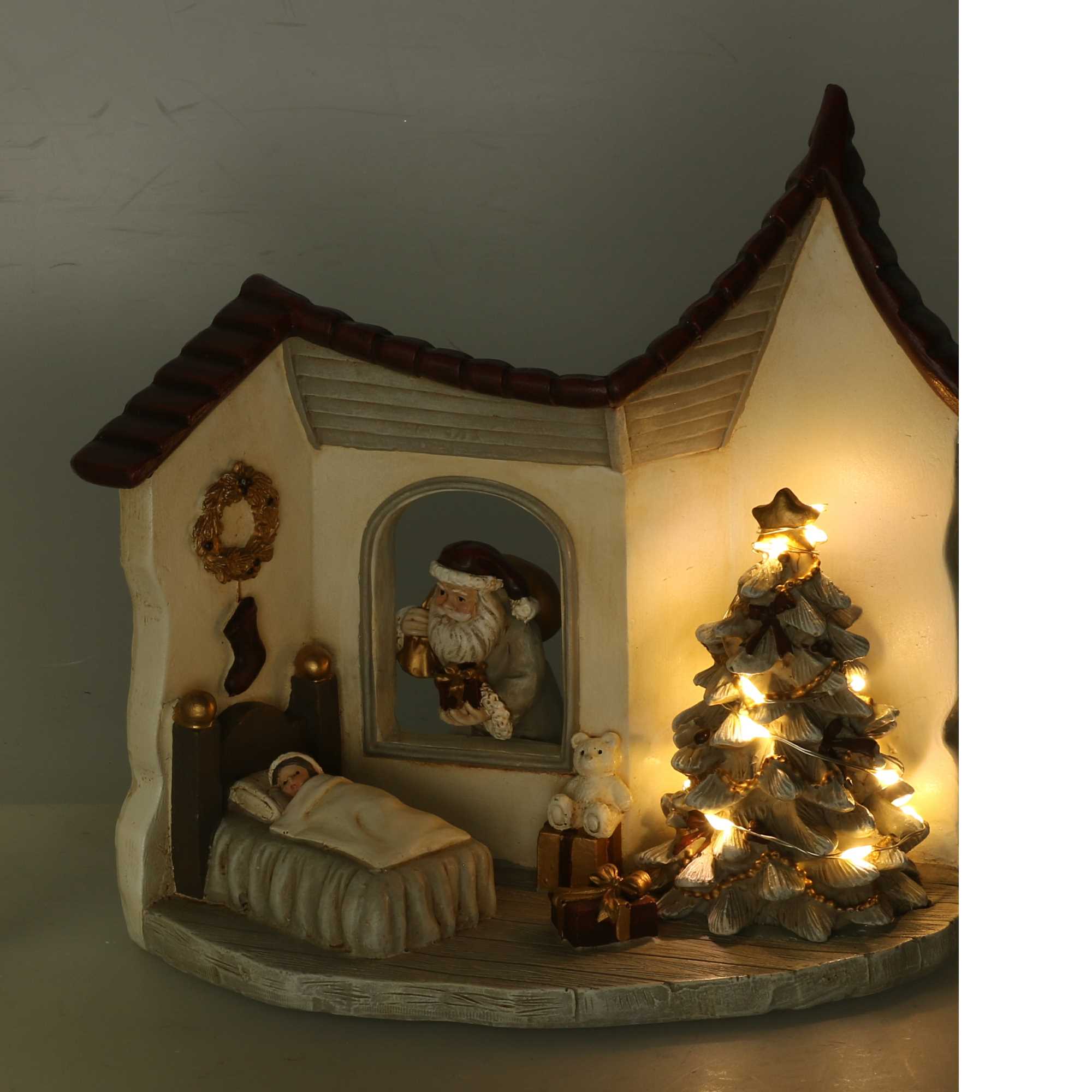 Statua resina casetta babbo natale grigio con led cm 18x11xh17