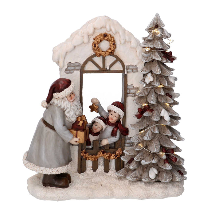 Statua resina babbo natale e bambini grigio con led cm 22x9,5xh22,5