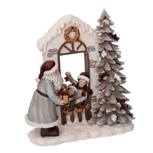 Statua resina babbo natale e bambini grigio con led cm 22x9,5xh22,5