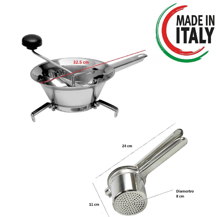 Kit 2pz Passa Verdure Acciaio inox 18/10 e Schiacciapatate Inox 24cm Made in italy