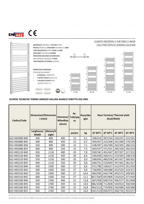 Termoarredo Scaldasalviette modello Kalura Bianco Diritto H1500 - H (mm) 1500 - L (mm) 500 - Interasse (mm) 450