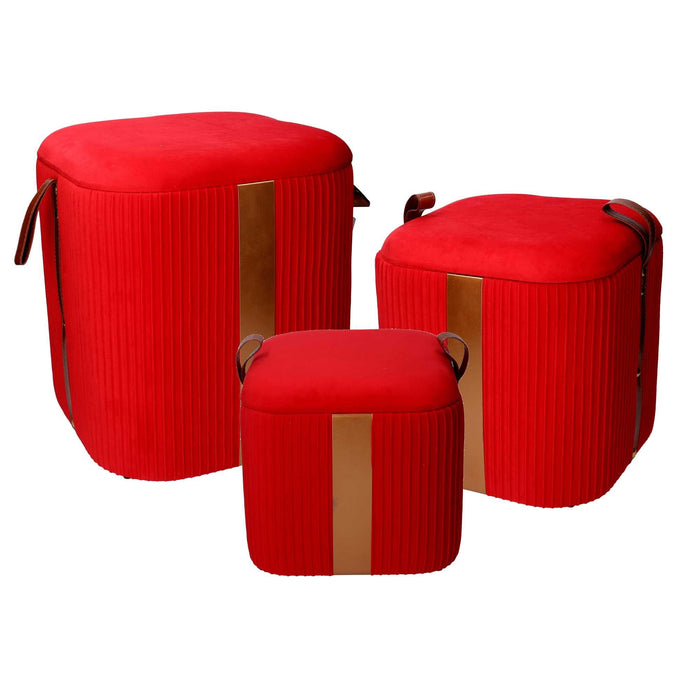 Set  3 Pouf Contenitore in Tessuto Velluto Rosso