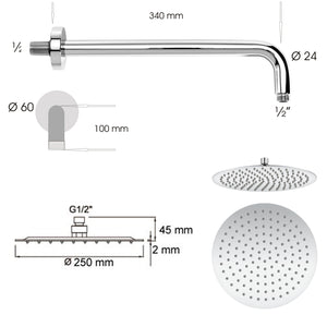 Soffione doccia tondo ultraslim Ares diametro 25 cm con  braccio doccia in acciaio inox lucidato