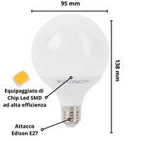 Lampadina led globo e27 12watt resa 70watt risparmio energetico 2700k pezzi 6