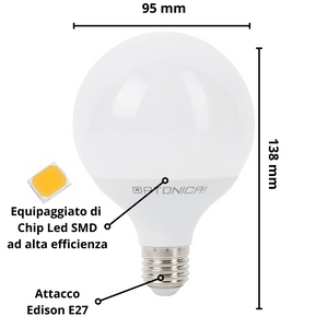 Lampadina led globo e27 12watt resa 70watt risparmio energetico 2700k pezzi 6