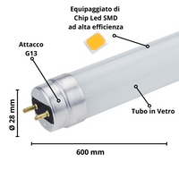 Tubo led t8 9 watt 60cm vetro attacco g13 risparmio energetico 4500k pezzi 3