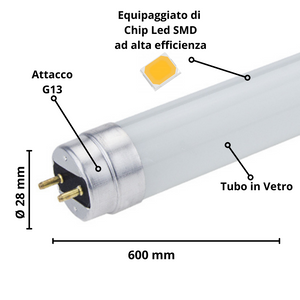 Tubo led t8 9 watt 60cm vetro attacco g13 risparmio energetico 4500k pezzi 6