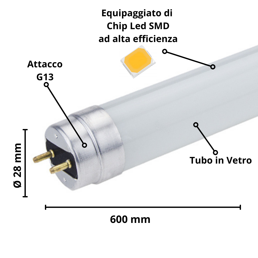 Tubo led t8 9 watt 60cm vetro attacco g13 risparmio energetico 4500k pezzi 10