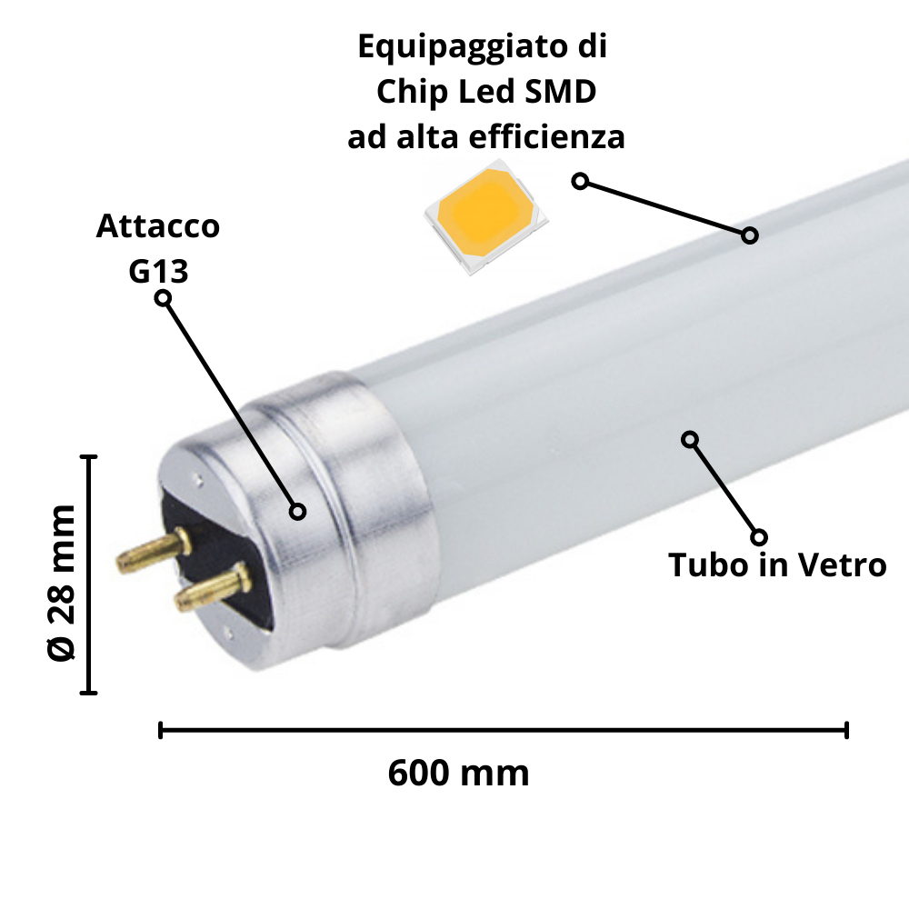 Tubo led t8 9 watt 60cm vetro attacco g13 risparmio energetico 6000k pezzi 3