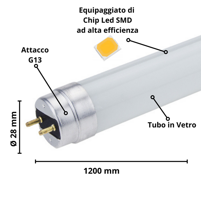 Tubo led t8 18watt 120cm vetro attacco g13 risparmio energetico 3000k pezzi 10