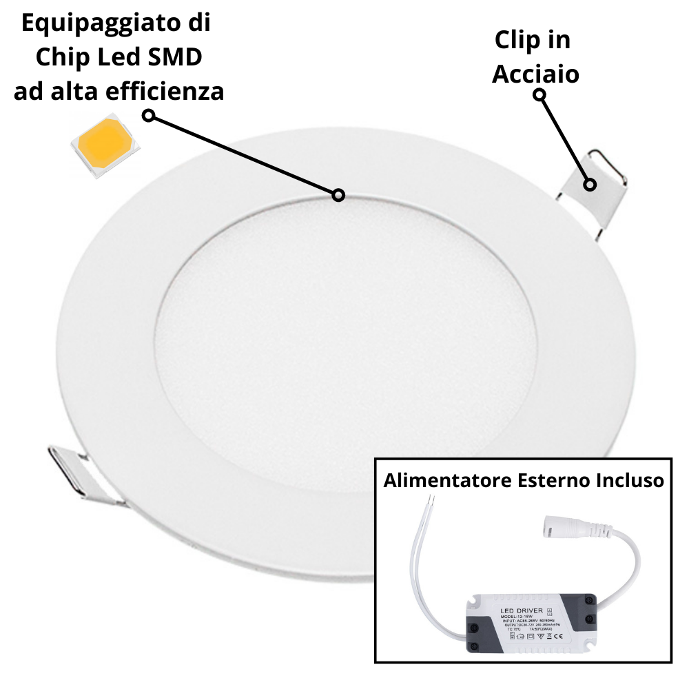 Pannello led incasso 110 cm 6watt slim tondo alimentatore incluso 6000k pezzi 3