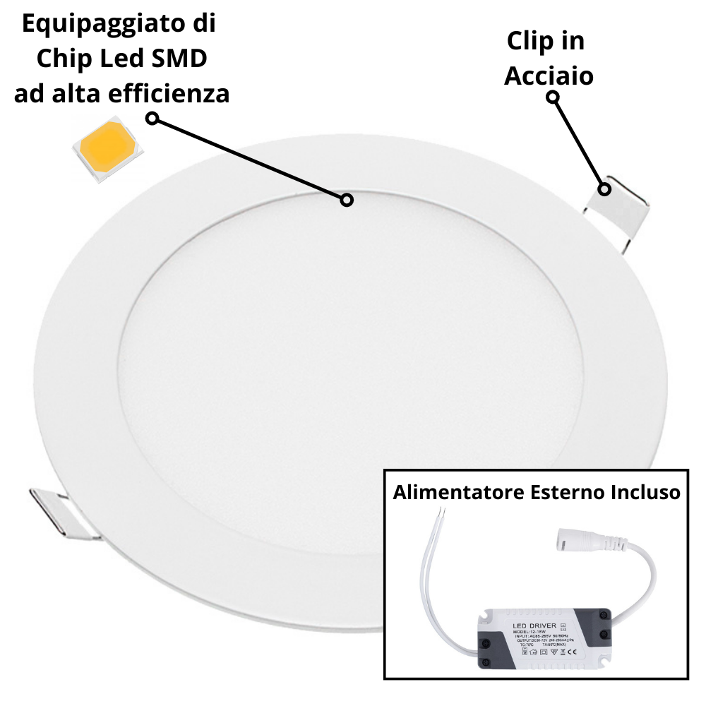 Pannello led incasso 155cm 12watt slim tondo alimentatore incluso 2700k pezzi 3