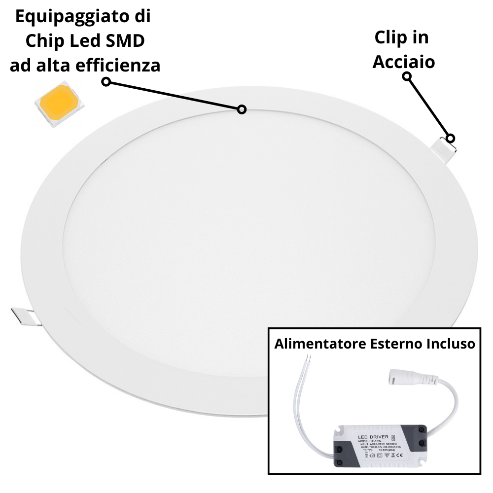 Pannello led incasso 285cm 24watt slim tondo alimentatore incluso 4500k pezzi 3