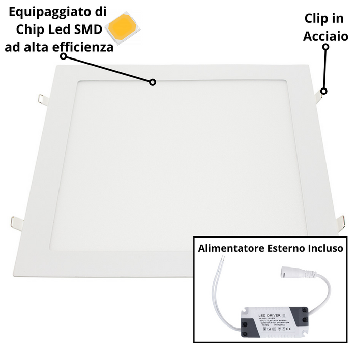 Pannello led incasso 28.2cm 24w slim quadro alimentatore incluso 6000k pezzi 3